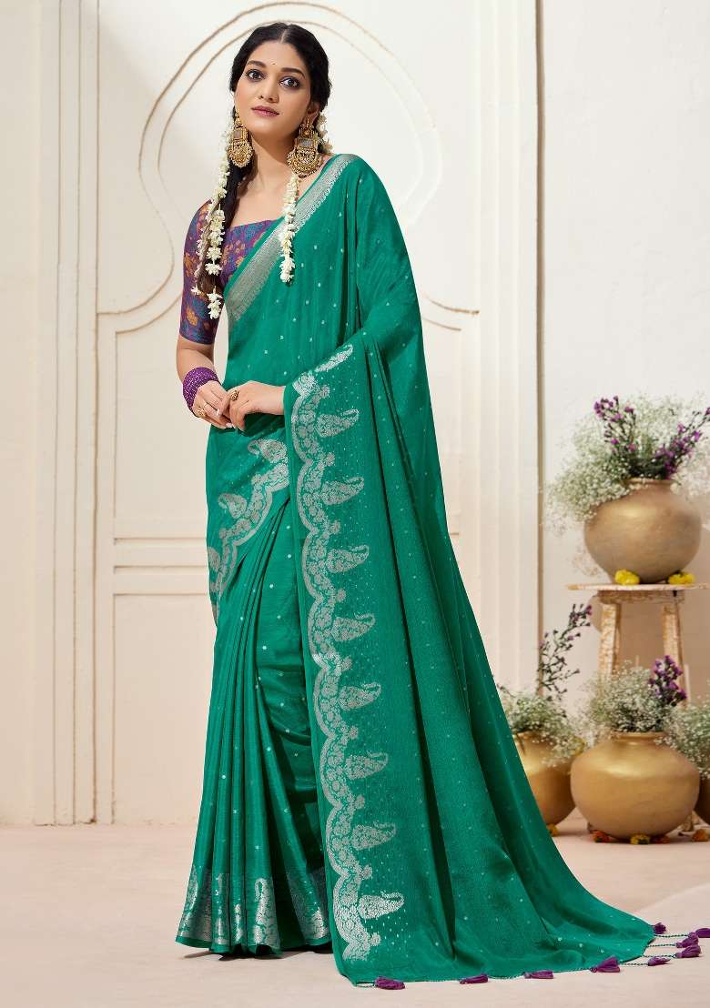 Teal Green Printed Chinnon Saree Set - Indya