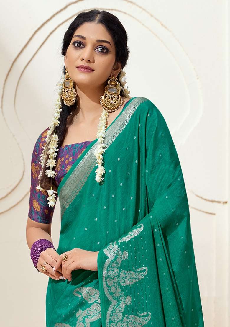 Teal Green Printed Chinnon Saree Set - Indya