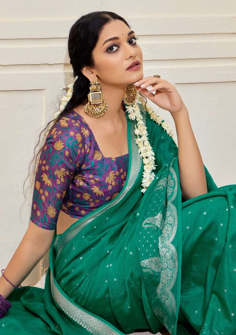 Teal Green Printed Chinnon Saree Set - Indya