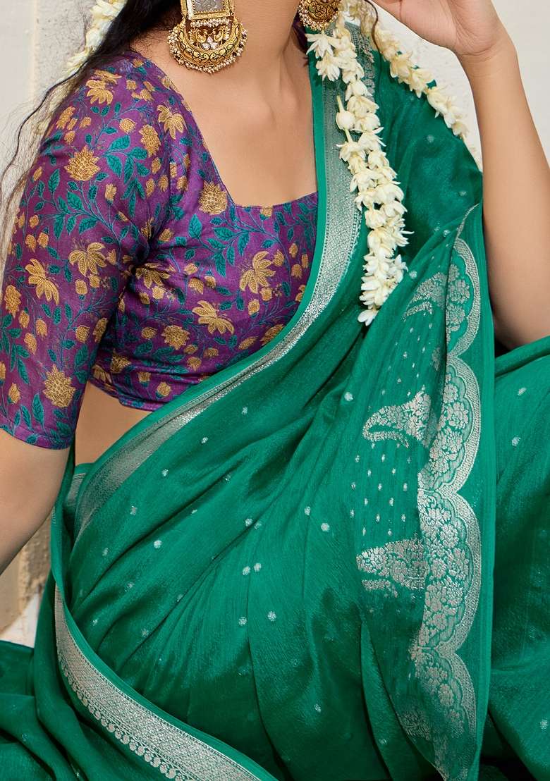Teal Green Printed Chinnon Saree Set - Indya
