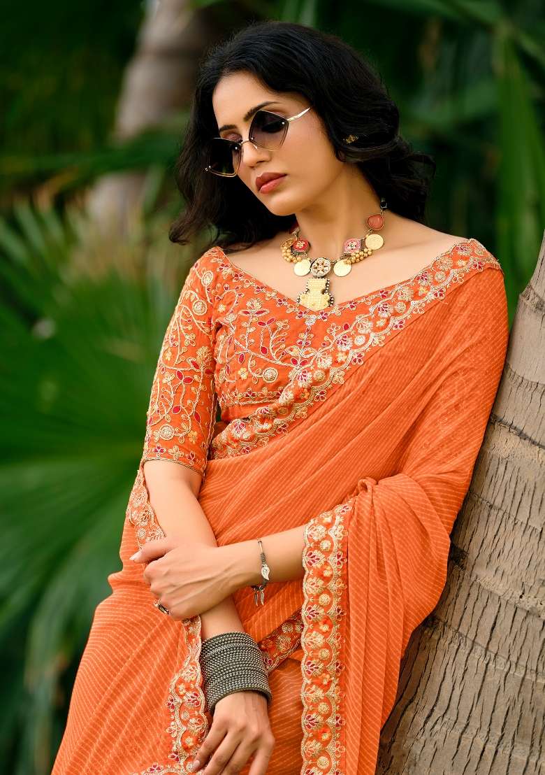 Orange Printed Georgette Saree Set for Diwali and Festive Wear - Indya