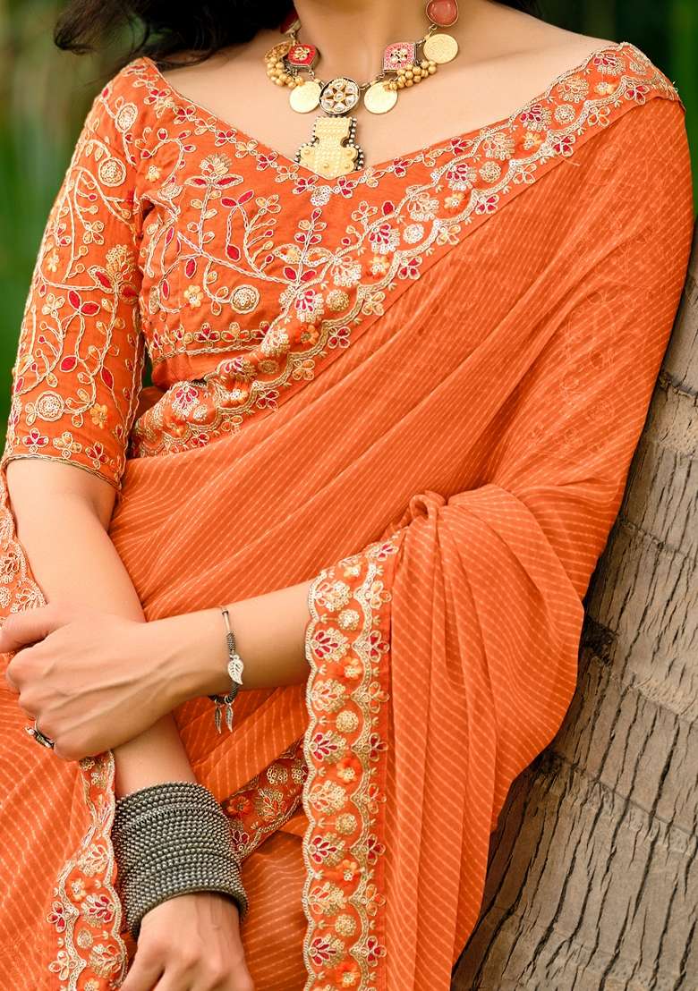 Orange Printed Georgette Saree Set for Diwali and Festive Wear - Indya