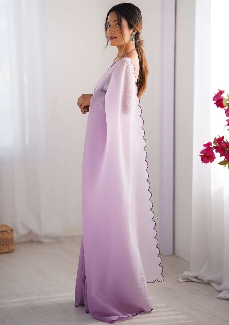Lavender Printed Chiffon Saree Set for Diwali and Festive Wear - Indya