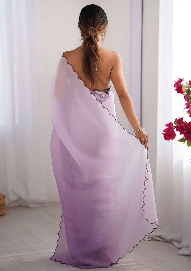 Lavender Printed Chiffon Saree Set for Diwali and Festive Wear - Indya