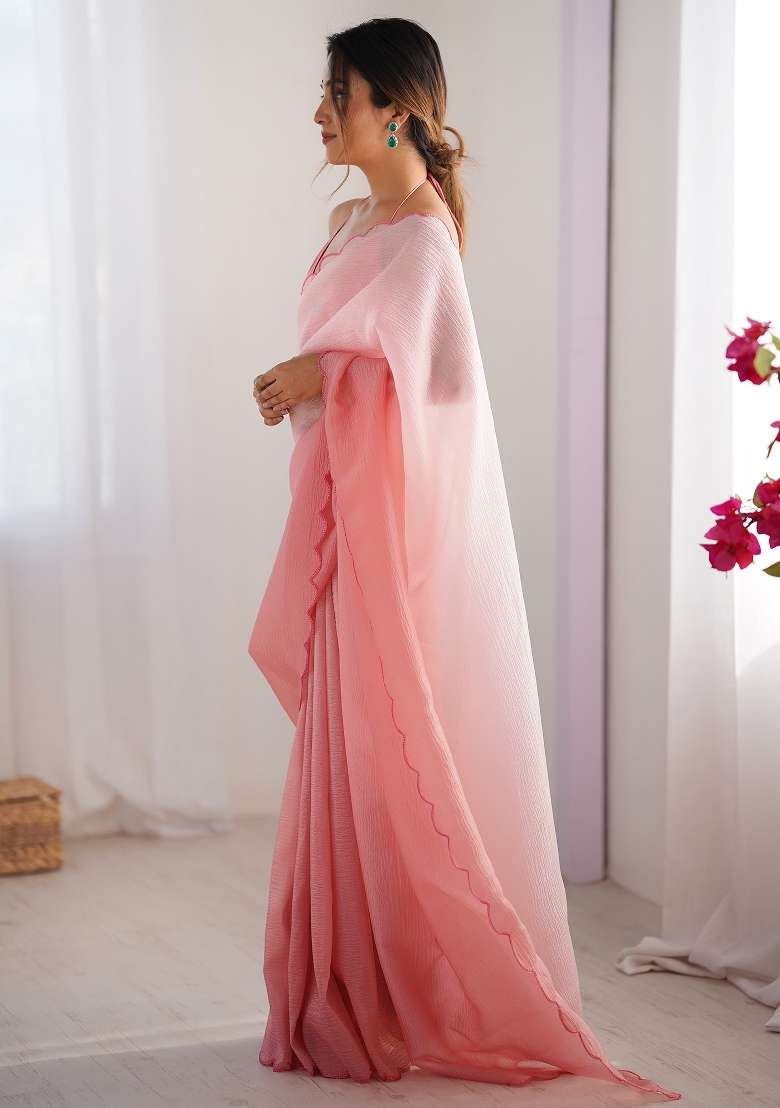 Pink Printed Chiffon Saree Set for Diwali and Festive Wear - Indya