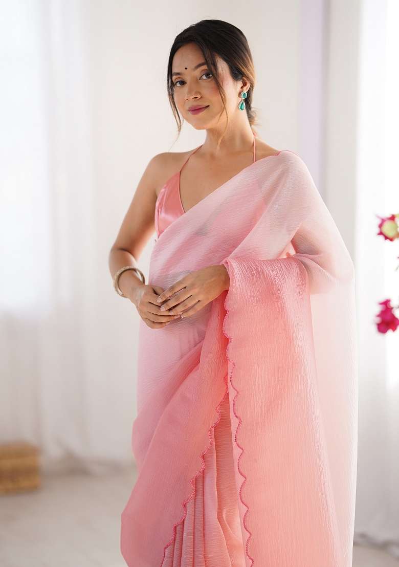 Pink Printed Chiffon Saree Set for Diwali and Festive Wear - Indya