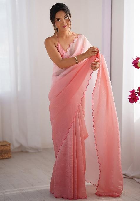Pink Printed Chiffon Saree Set — view on Indya