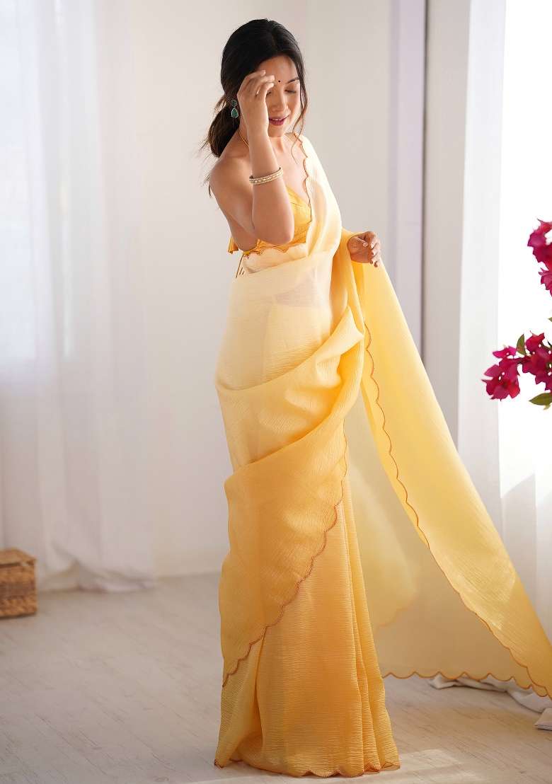 Yellow Printed Chiffon Saree Set - Indya