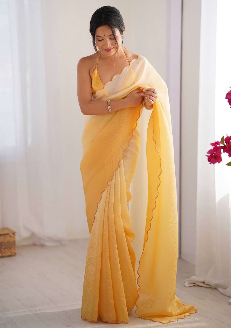 Yellow Printed Chiffon Saree Set - Indya