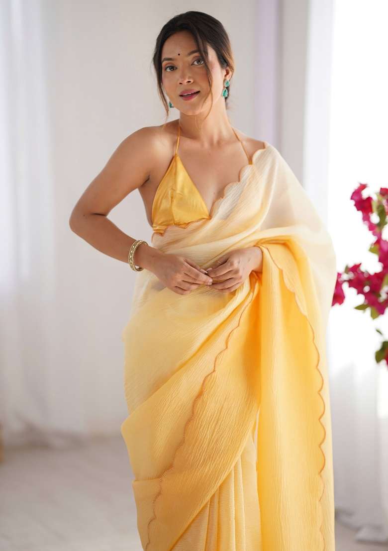 Yellow Printed Chiffon Saree Set - Indya