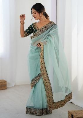 Sea Green Printed Chiffon Saree Set