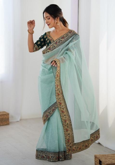 Sea Green Printed Chiffon Saree Set — view on Indya