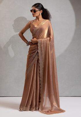 Beige Printed Satin Silk Blend Saree Set