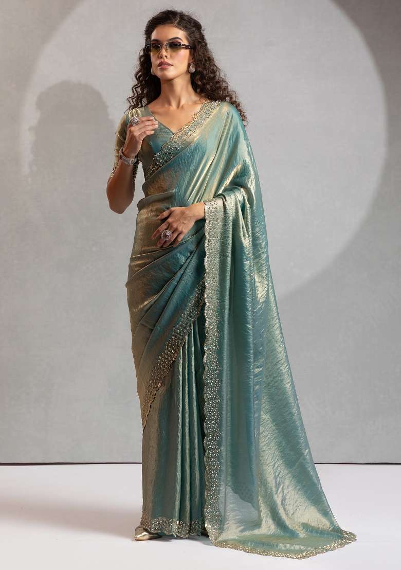 Teal Green Printed Satin Silk Blend Saree Set - Indya