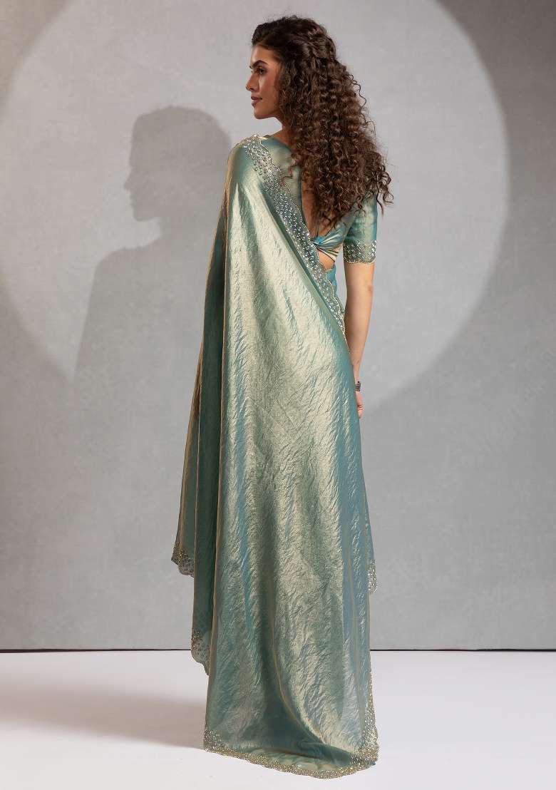 Teal Green Printed Satin Silk Blend Saree Set - Indya