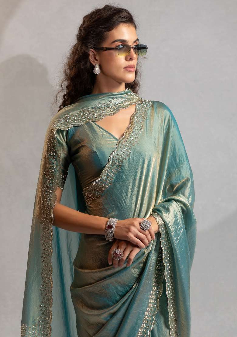Teal Green Printed Satin Silk Blend Saree Set - Indya