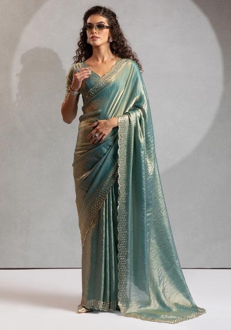 Teal Green Printed Satin Silk Saree Set — view on Indya