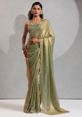 Light Green Printed Satin Silk Saree Set