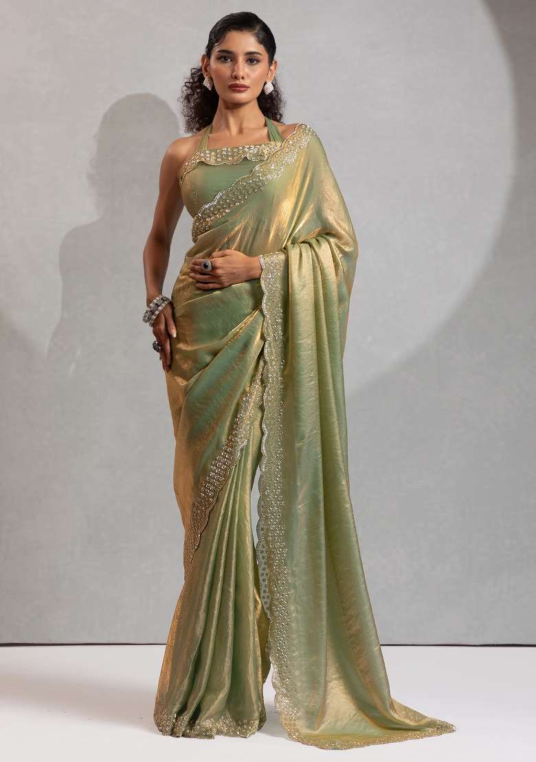 Light Green Printed Satin Silk Blend Saree Set - Indya