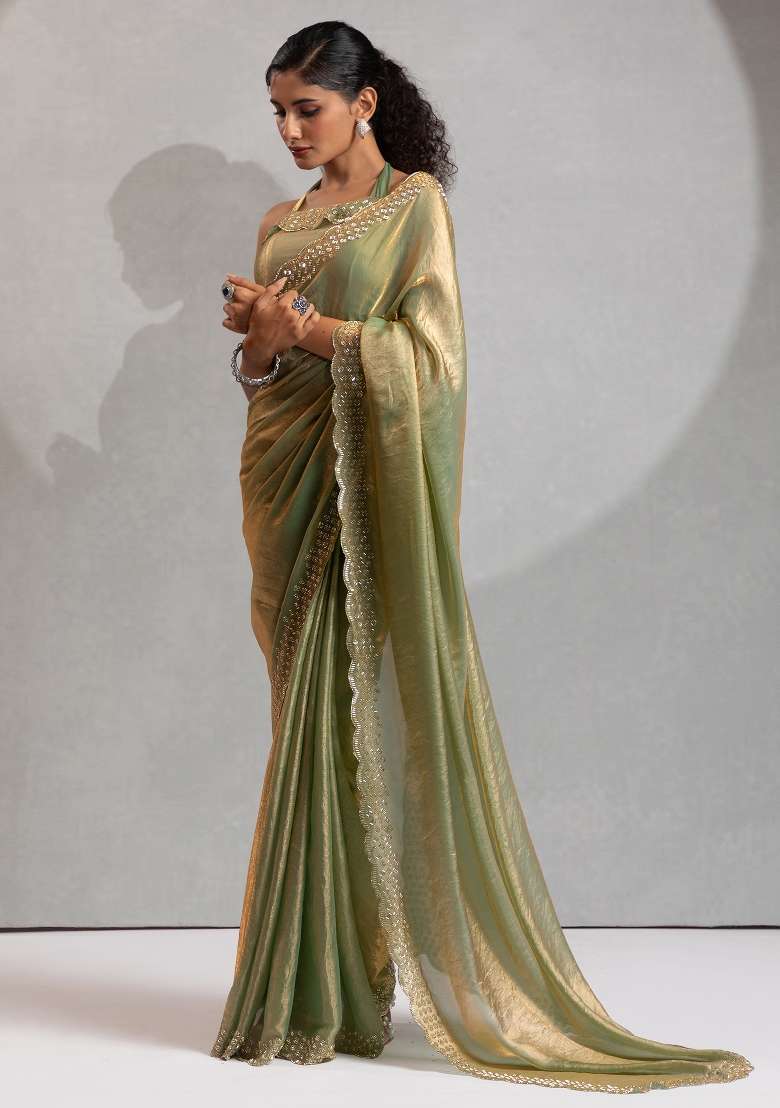 Light Green Printed Satin Silk Blend Saree Set - Indya