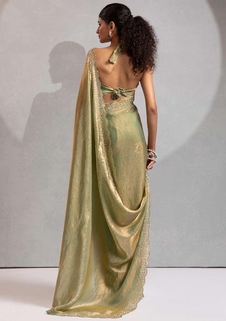 Light Green Printed Satin Silk Blend Saree Set - Indya
