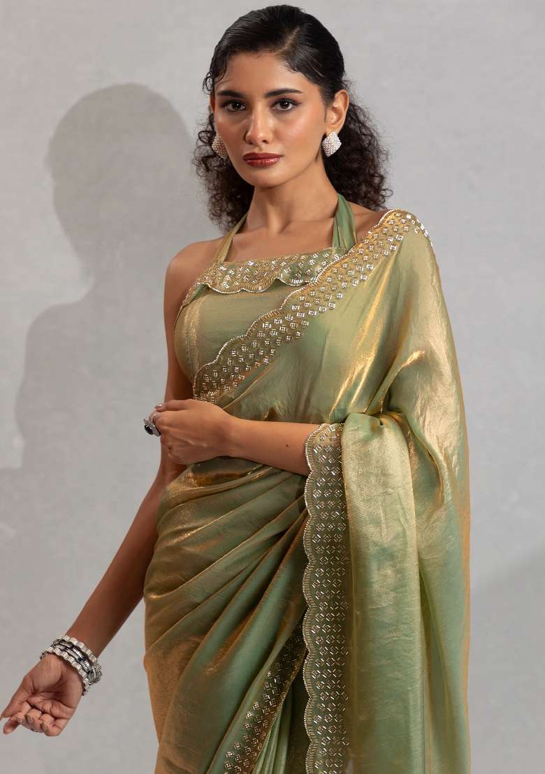 Light Green Printed Satin Silk Blend Saree Set - Indya