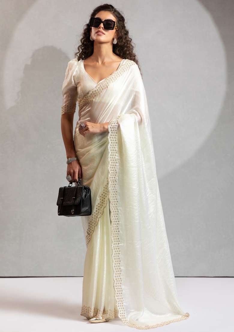 Off White Printed Satin Silk Blend Saree Set - Indya