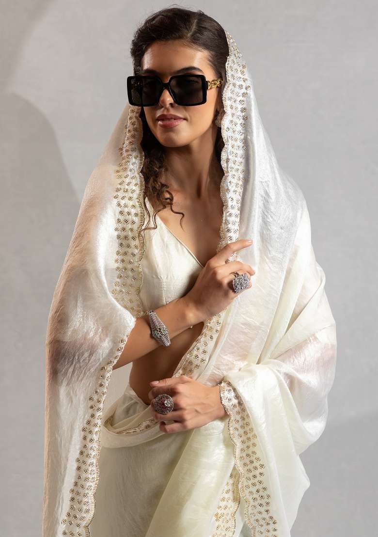 Off White Printed Satin Silk Blend Saree Set - Indya