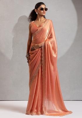 Peach Printed Satin Silk Saree Set