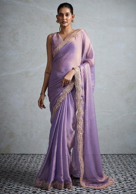 Lavender Printed Chiffon Saree Set