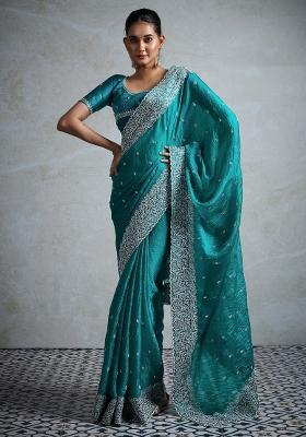 Teal Blue Printed Chiffon Saree Set
