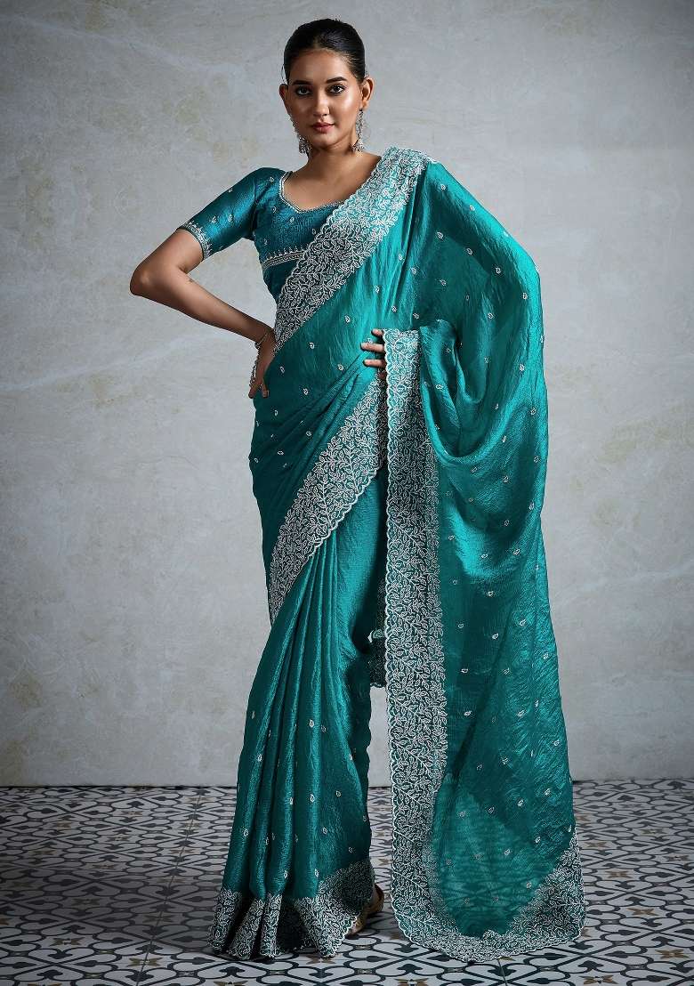 Teal Blue Chiffon Saree Set with Printed for Diwali | Wedding & Festive Wear - Indya