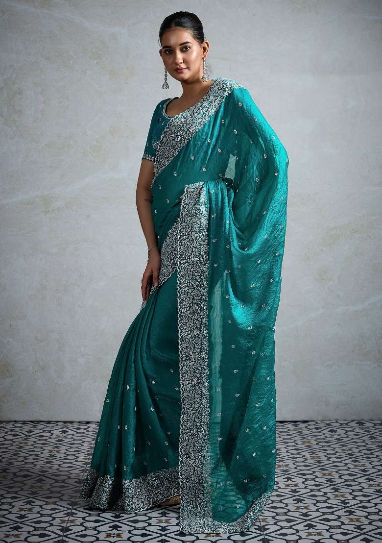 Teal Blue Chiffon Saree Set with Printed for Diwali | Wedding & Festive Wear - Indya