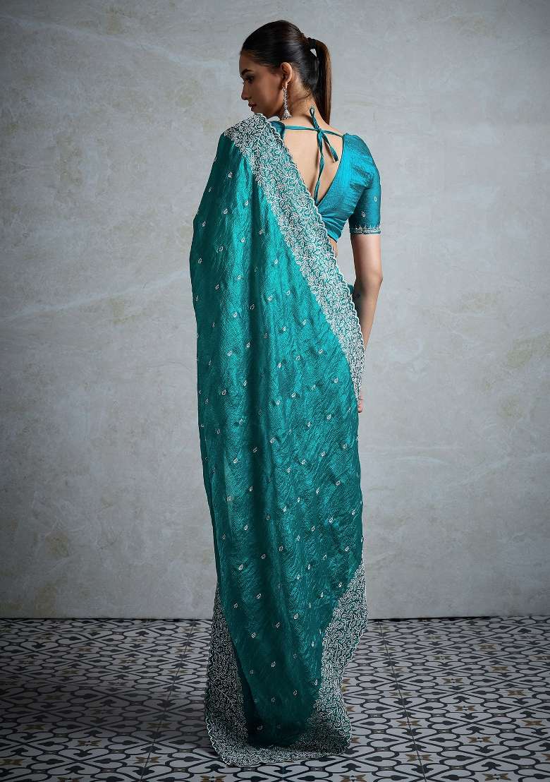 Teal Blue Chiffon Saree Set with Printed for Diwali | Wedding & Festive Wear - Indya
