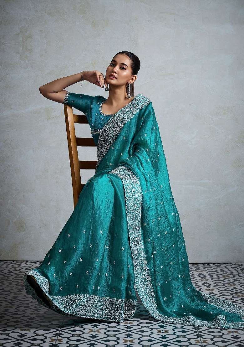 Teal Blue Chiffon Saree Set with Printed for Diwali | Wedding & Festive Wear - Indya