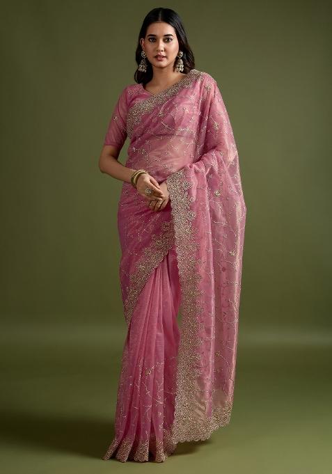 Pink Printed Net Saree Set — view on Indya