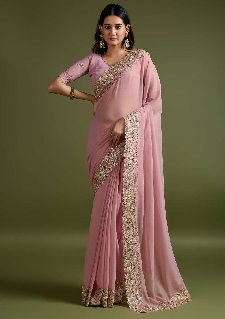 Peach Printed Georgette Saree Set - Indya