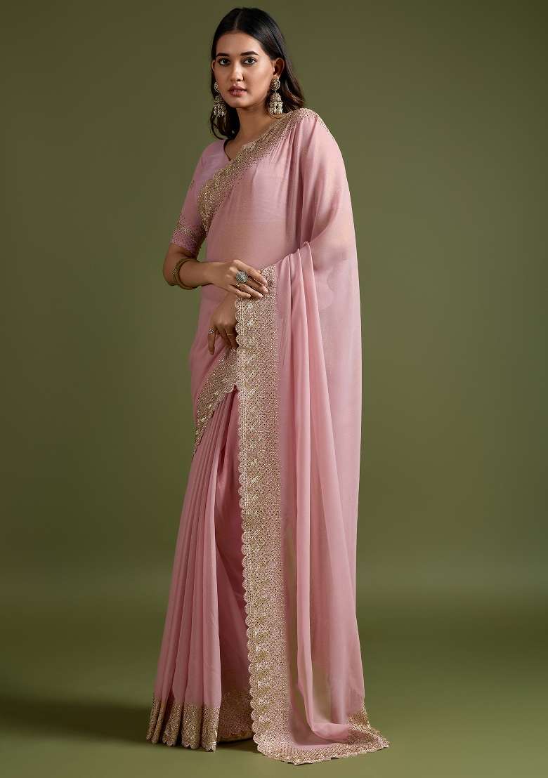 Peach Printed Georgette Saree Set - Indya