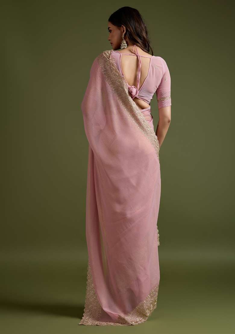 Peach Printed Georgette Saree Set - Indya