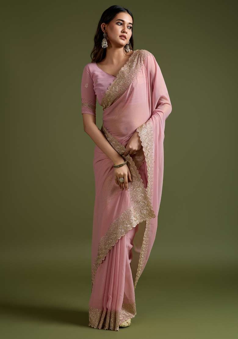 Peach Printed Georgette Saree Set - Indya