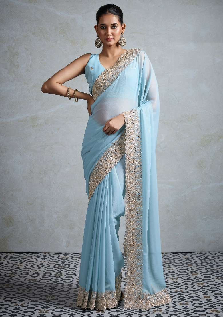 Light Blue Georgette Saree Set with Printed for Diwali | Wedding & Festive Wear - Indya