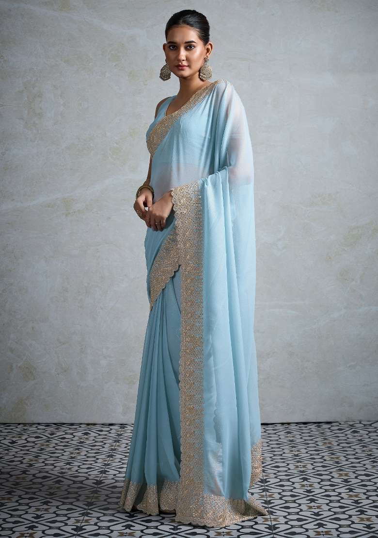 Light Blue Georgette Saree Set with Printed for Diwali | Wedding & Festive Wear - Indya