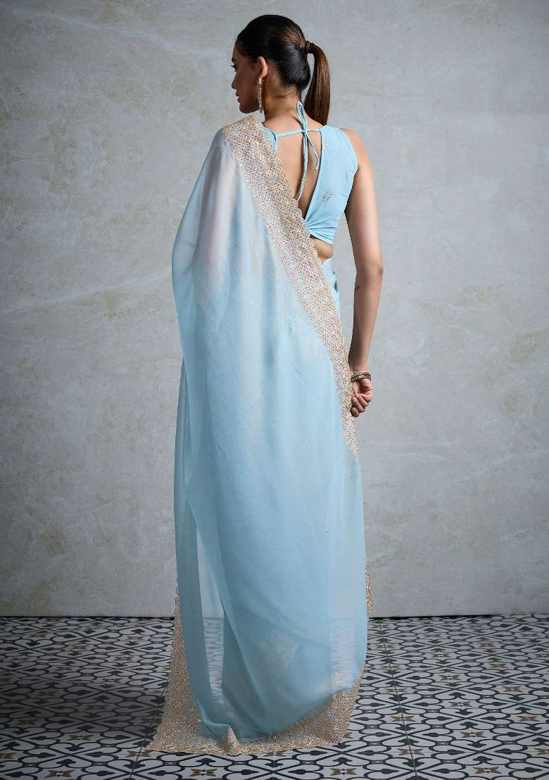 Light Blue Georgette Saree Set with Printed for Diwali | Wedding & Festive Wear - Indya
