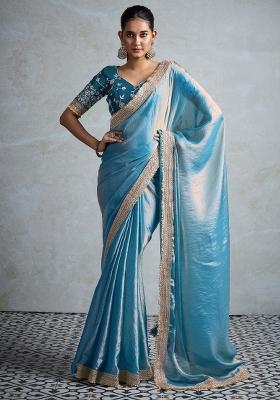 Teal Blue Printed Pure Chiffon Saree Set