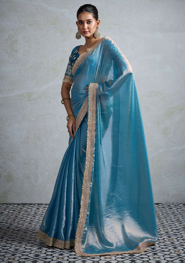 Teal Blue Printed Pure Chiffon Saree Set - Indya