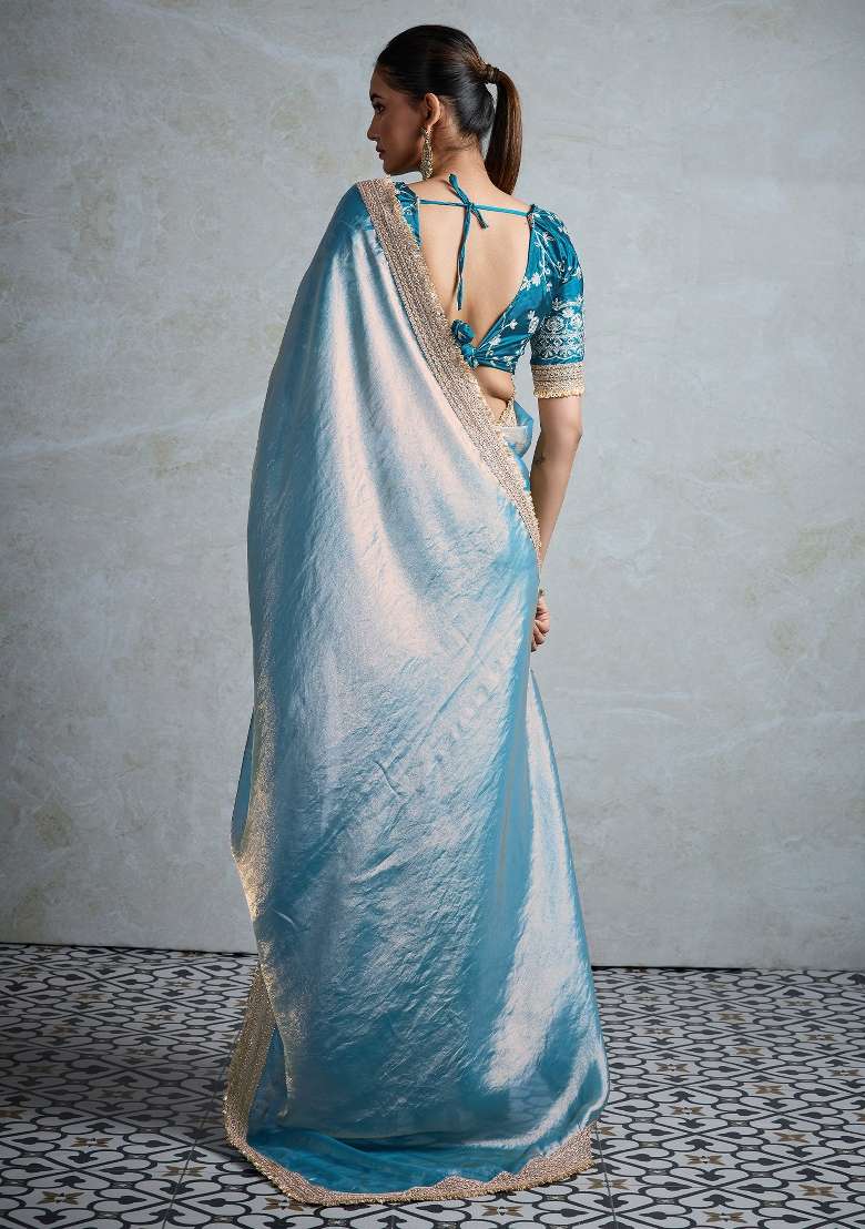Teal Blue Printed Pure Chiffon Saree Set - Indya
