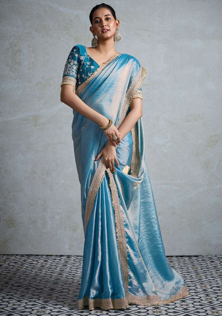 Teal Blue Printed Pure Chiffon Saree Set - Indya