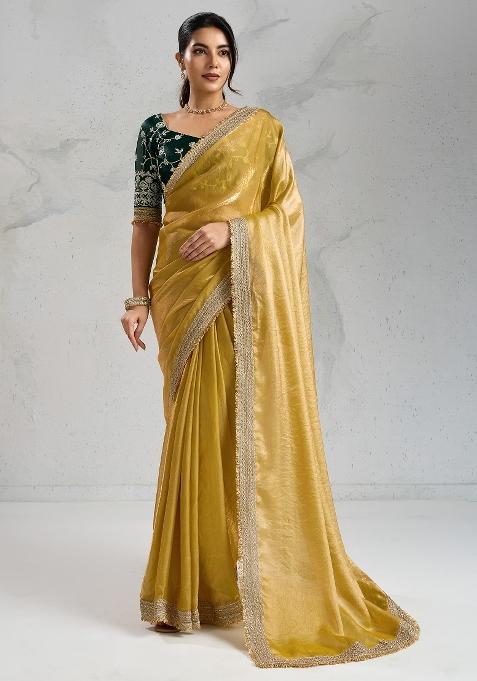 Yellow Printed Pure Chiffon Saree Set — view on Indya