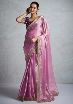 Pink Printed Pure Chiffon Saree Set