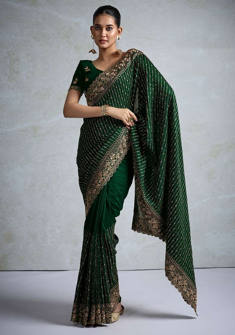 Dark Green Printed Vichitra Silk Blend Saree Set - Indya